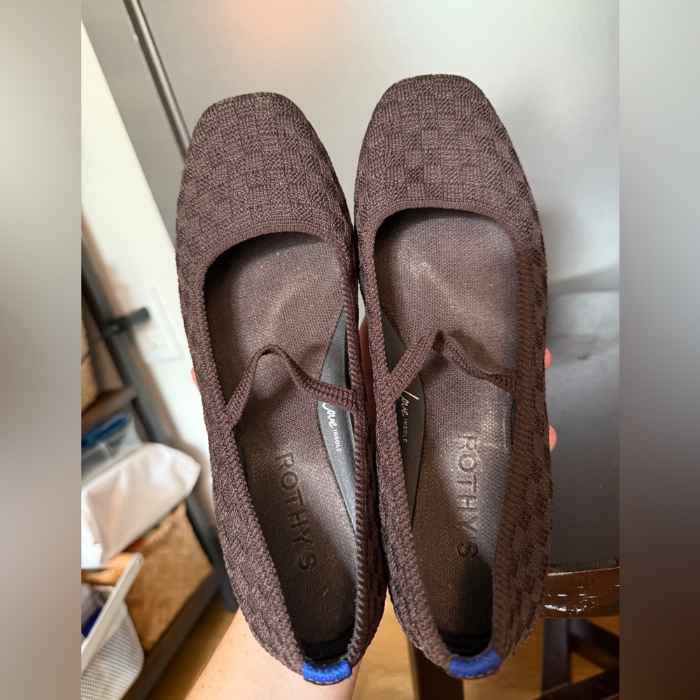 Rothy's square Mary Jane flats brown check